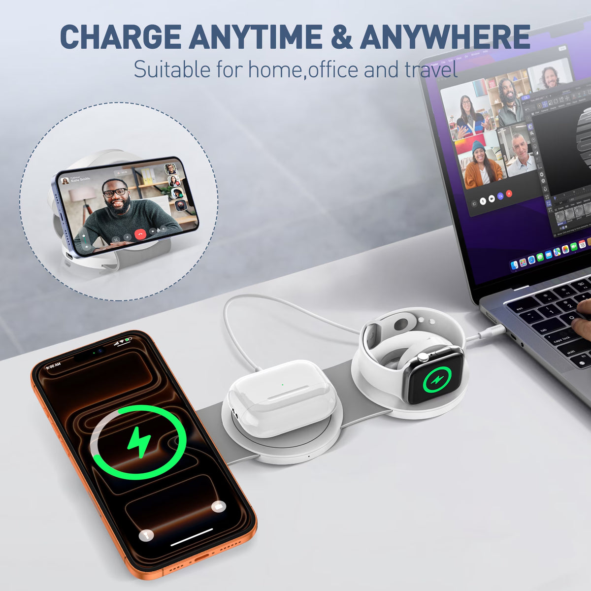 3-in-1 Wireless Charging Station for iPhone Devices - 15W Fast Charger Stand for iPhone 16/15/14/13/12 Pro Max, Compatible with AirPods 3/2/Pro and Apple Watch Series 9/8/7/6/SE/5/4