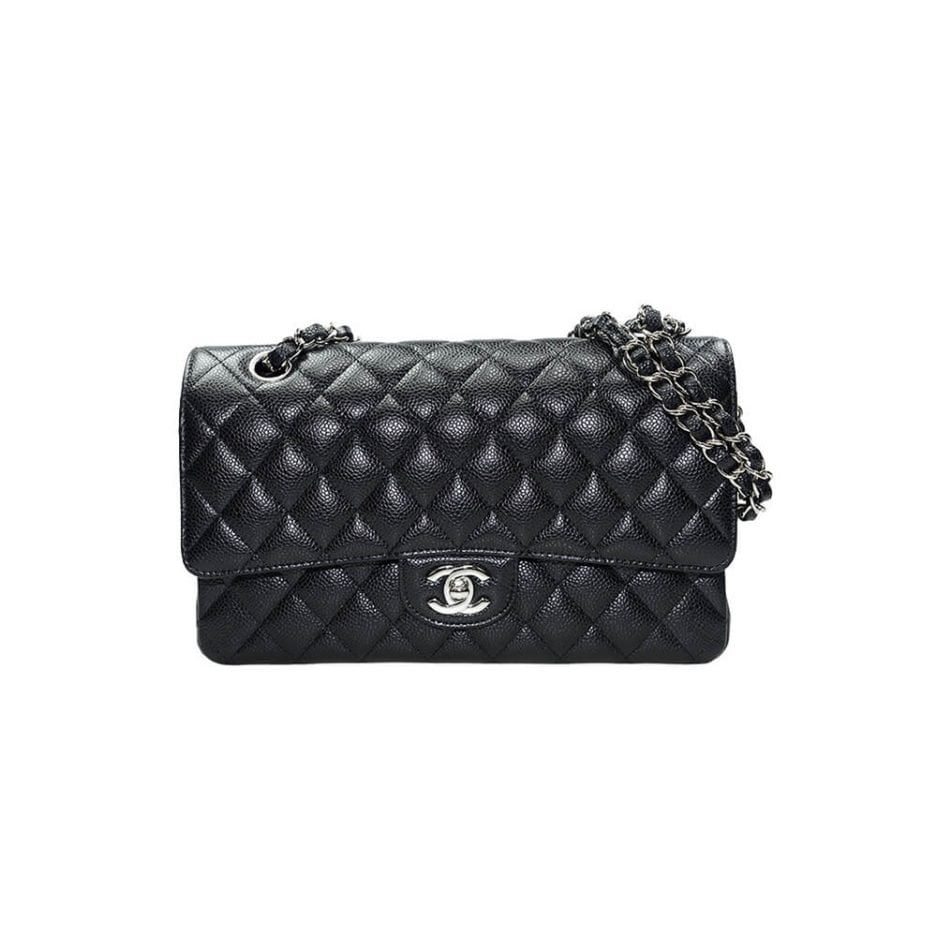 CHANEL CLASSIC HANDBAG Grained Calfskin & Silver Metal