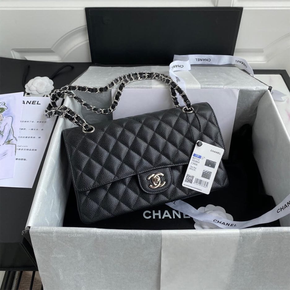 CHANEL CLASSIC HANDBAG Grained Calfskin & Silver Metal