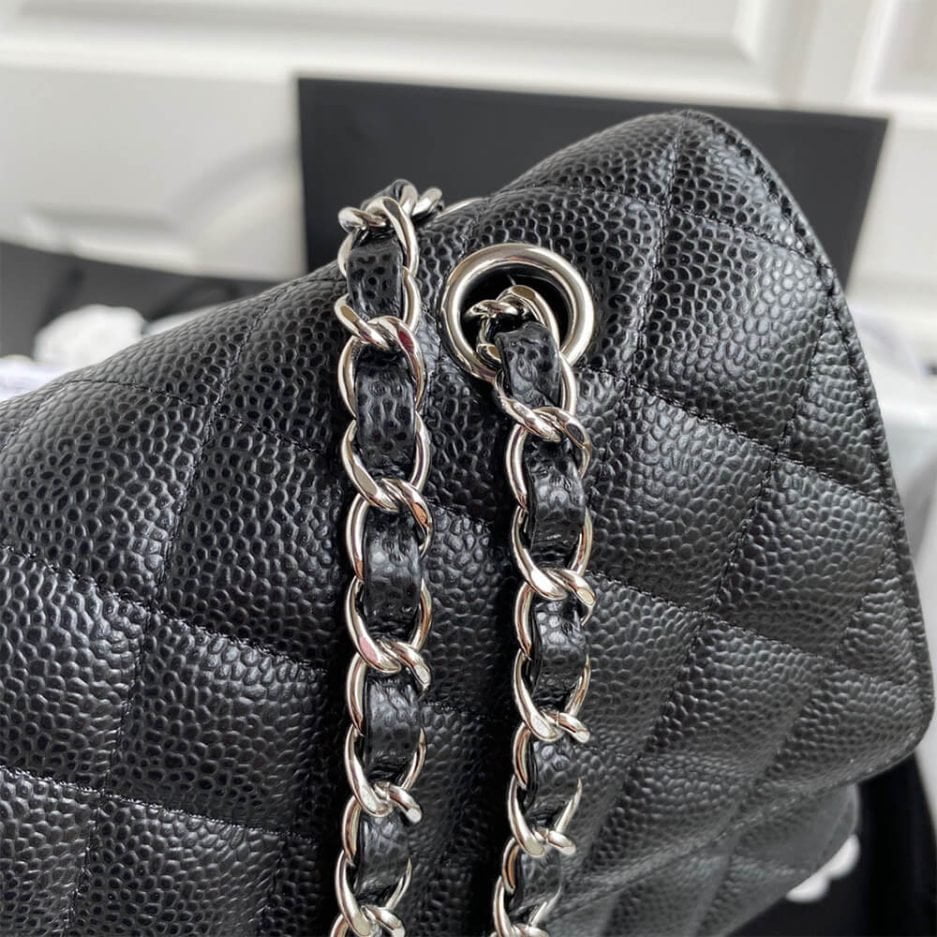 CHANEL CLASSIC HANDBAG Grained Calfskin & Silver Metal