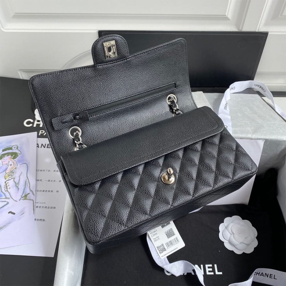 CHANEL CLASSIC HANDBAG Grained Calfskin & Silver Metal