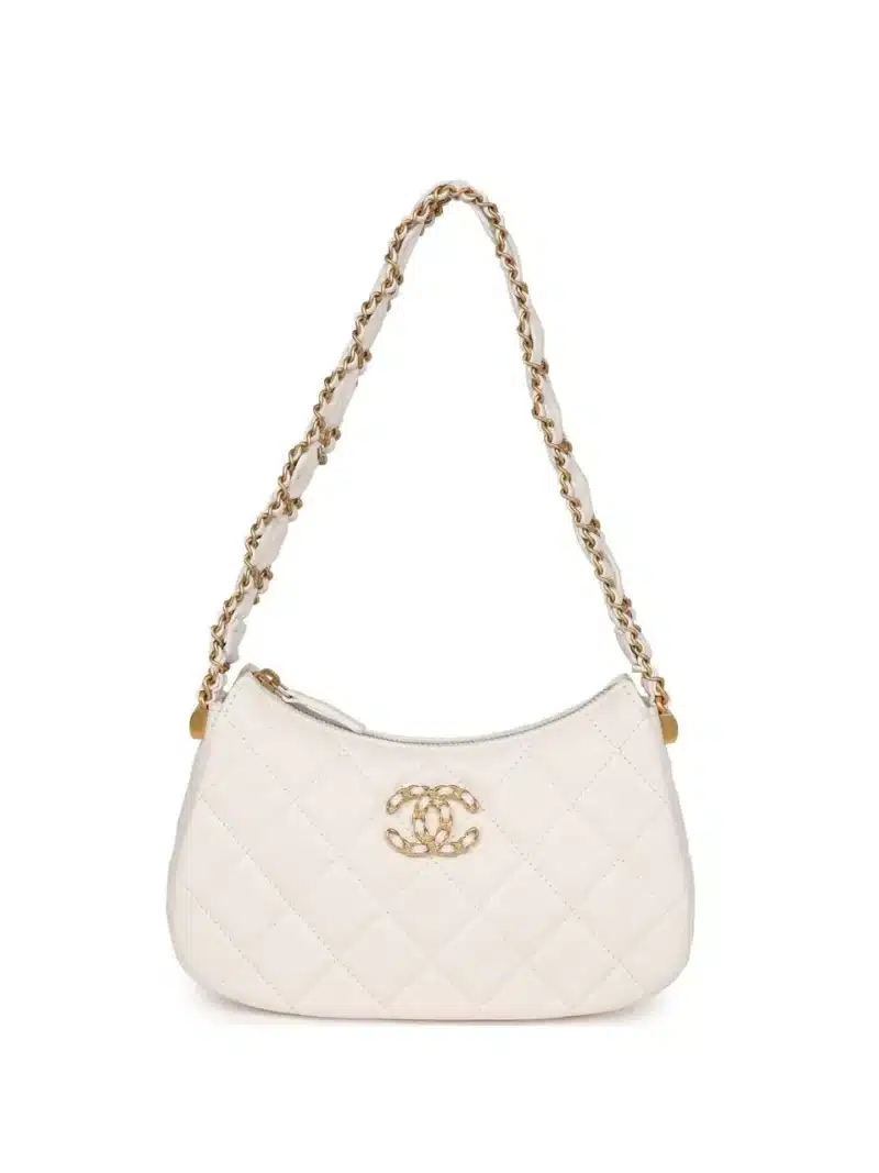Chanel 19 Hobo Bag White Aged Calfskin Brushed Gold Hardware