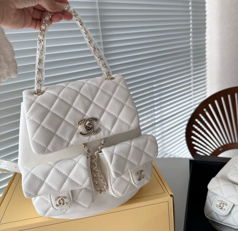 CHANEL 23K TRIPLE POCKET MINI BACKPACK CAVIAR WHITE LGHW